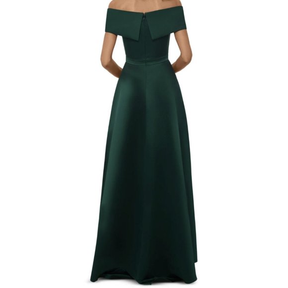XSCAPE - EMERALD GREEN SATIN OFF SHOULDER GOWN-DRAPED NECK - Picture 2 of 7